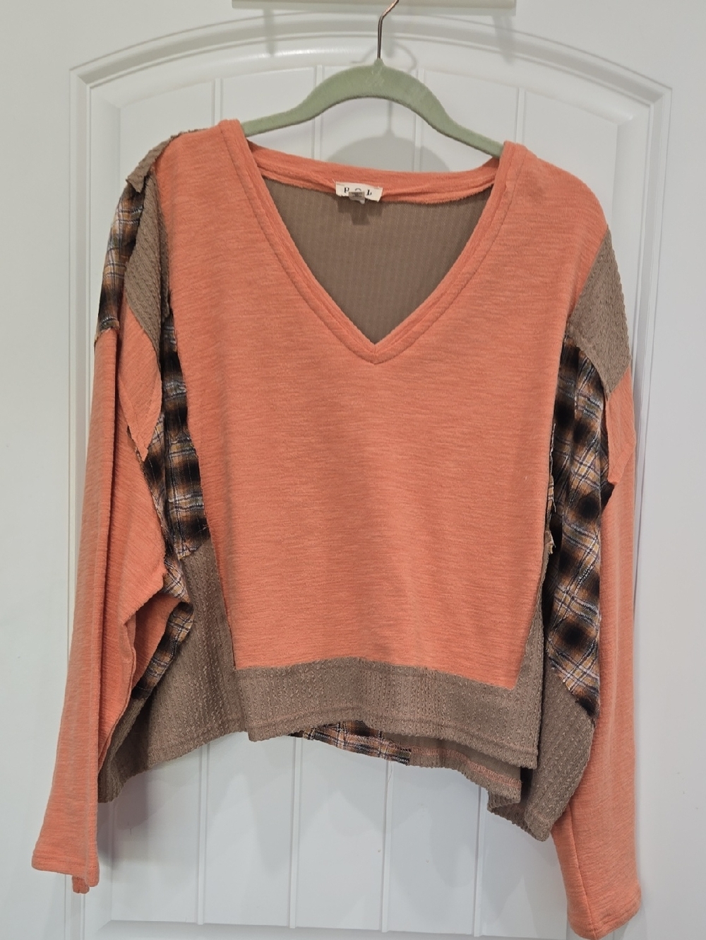 POL Peach V-Neck Colorblock Pullover with Plaid Panels